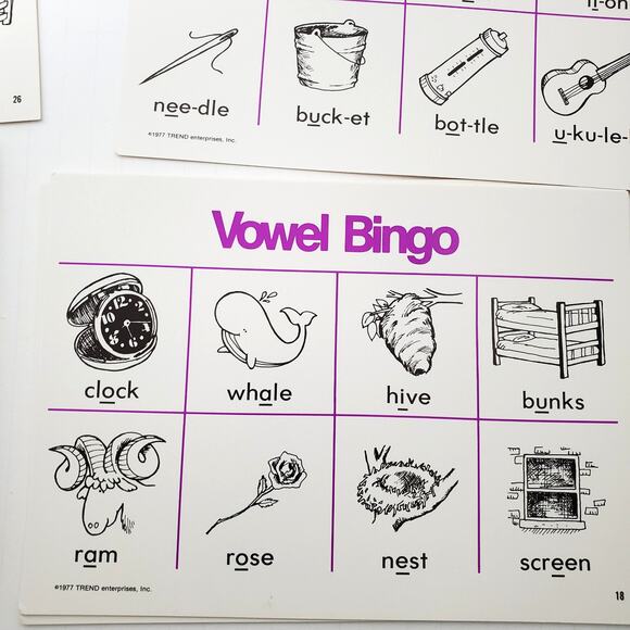 Vtg Vowel Bingo Board Game Boxed Set Phonics Game w Illustrated Word Cards 1977 - Picture 13 of 14